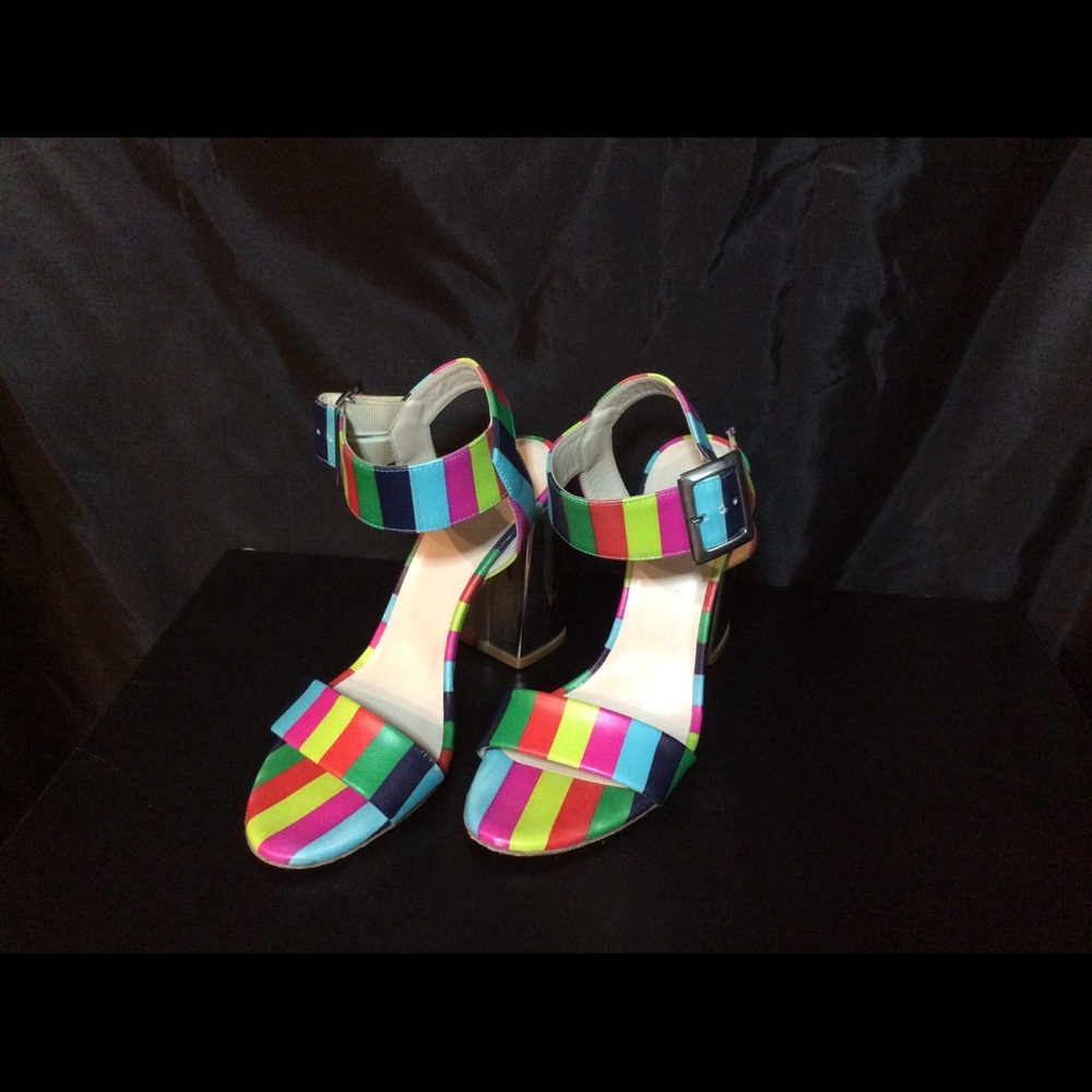 Dee Keller. Rainbow Stripe Mettallic Block Heel